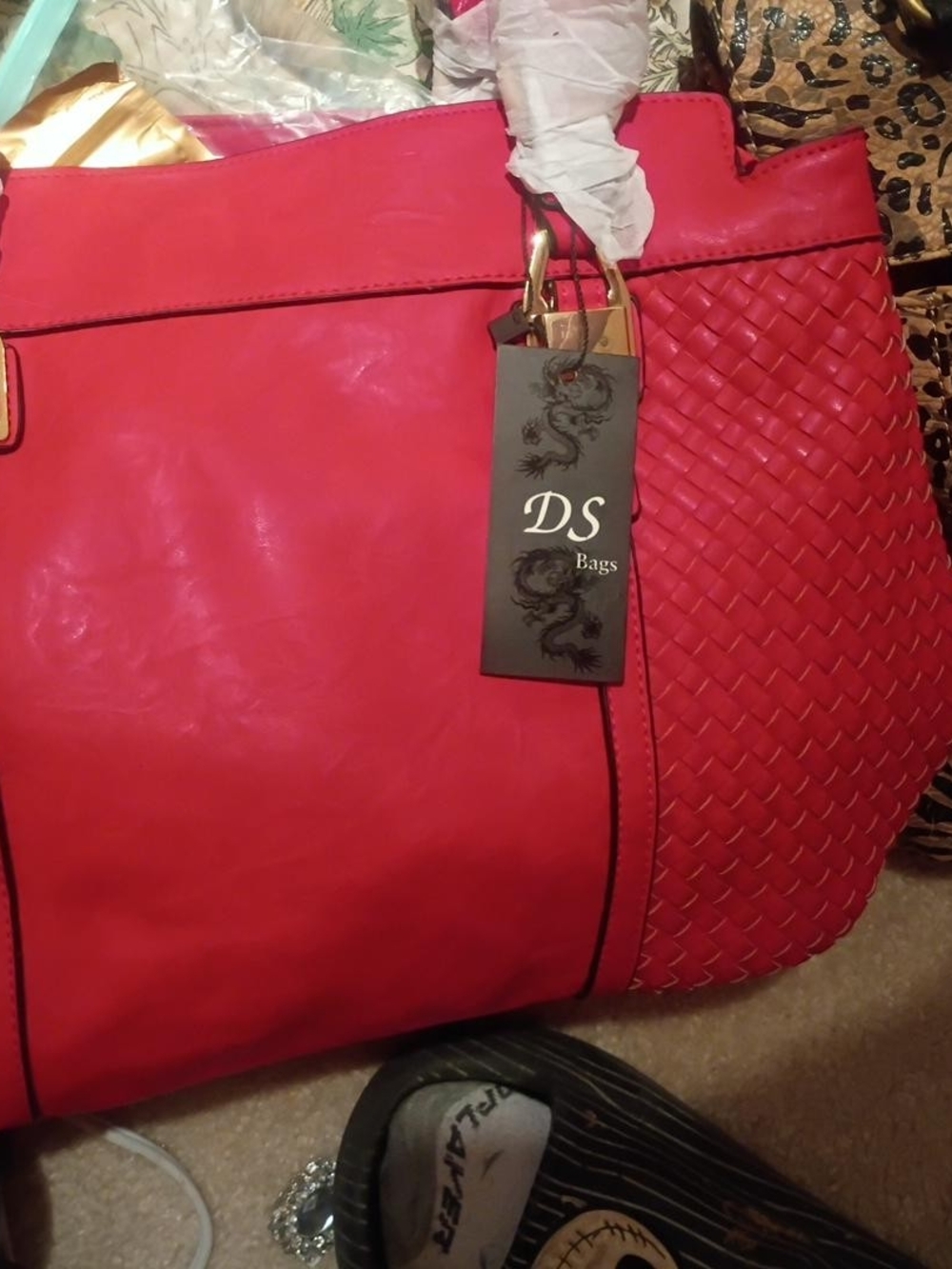Red Woven-Panel Tote with Gold Hardware